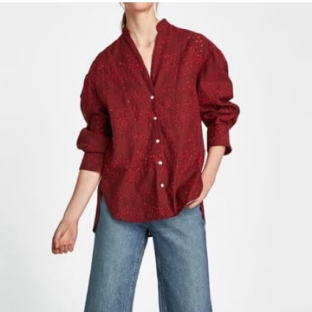 Zara Linen Blouse Women's X-Small Red Eyelet Button Up Shirt 3/4 Sleeve Cotton - Picture 2 of 7